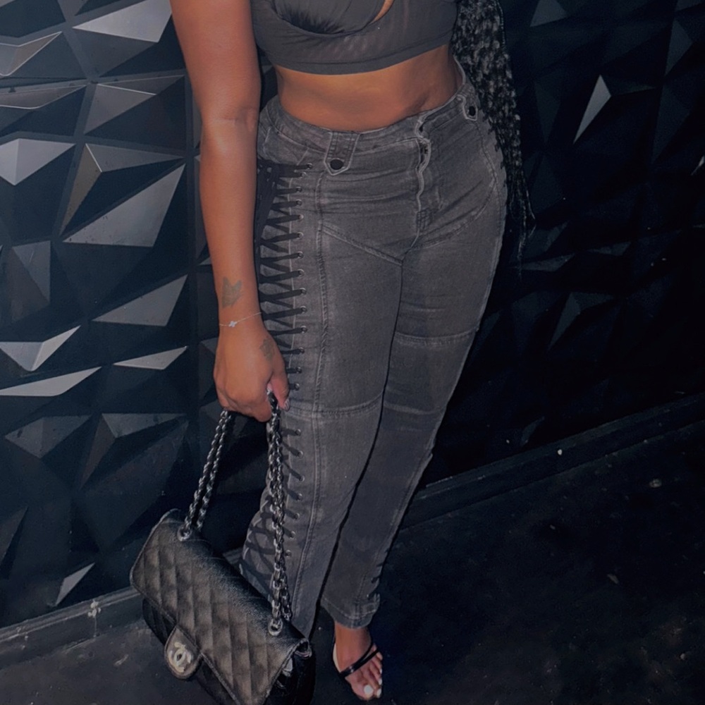 Gray Lace-Up Jeans